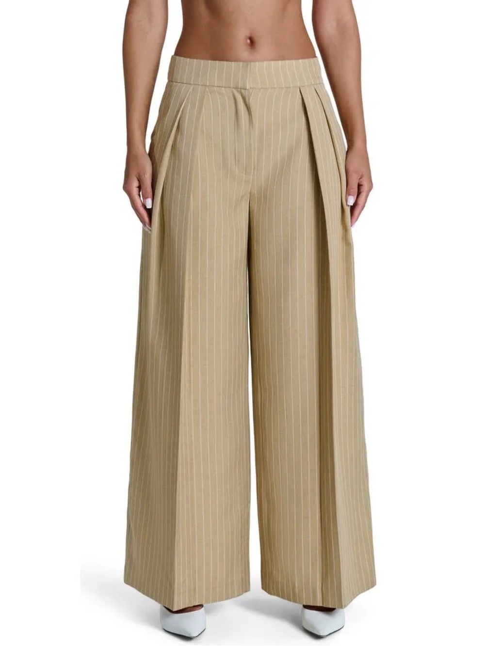 NWOT Naked Wardrobe Suiting Pinstripe Wide Leg Pants Trousers Beige Medium